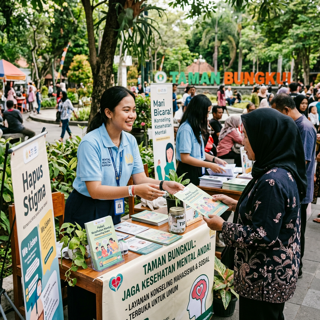 Community Mental Health Awareness Event Volunteer handing mental health pamphlet to a woman at outdoor public wellness booth